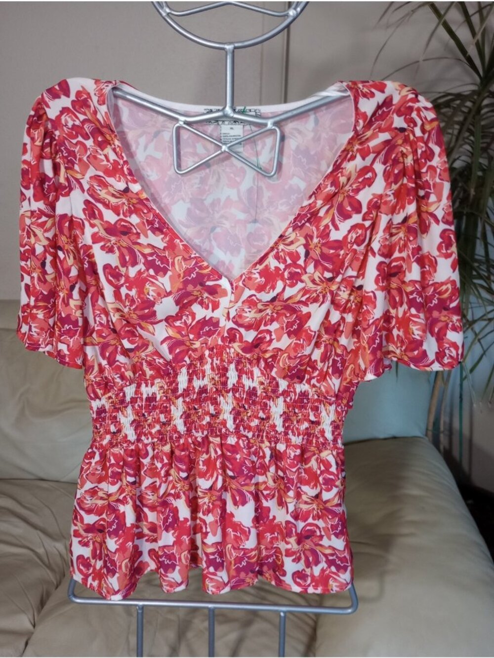 A. Calin Women Blouse Shirt Top Size XL Large Comfort Short Sleeve Unique Floral